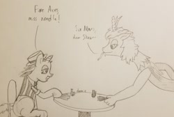 Size: 1451x976 | Tagged: safe, artist:dzamie, imported from derpibooru, discord, flam, draconequus, card, cheating, dialogue, eris, gambling, newbie artist training grounds, rule 63, sham, traditional art
