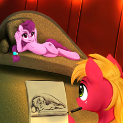 Size: 2000x2000 | Tagged: safe, artist:darksly, imported from derpibooru, big macintosh, sugar belle, earth pony, pony, unicorn, armpits, atg 2021, bedroom eyes, couch, draw me like one of your french girls, female, freckles, high res, male, mare, missing horn, mouth hold, newbie artist training grounds, pencil, pencil drawing, reference, shipping, stallion, straight, sugarmac, titanic, traditional art