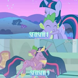 Size: 1080x1080 | Tagged: safe, edit, edited screencap, editor:twiliey, imported from derpibooru, screencap, spike, twilight sparkle, alicorn, dragon, pony, unicorn, owl's well that ends well, season 1, season 9, the last problem, spoiler:s09, crown, cute, day, eyes closed, feels, female, gigachad spike, hug, jewelry, magic, male, mare, night, older, older spike, older twilight, older twilight sparkle (alicorn), princess twilight 2.0, regalia, smiling, spikabetes, spikelove, telekinesis, text, twiabetes, twilight sparkle (alicorn), unicorn twilight