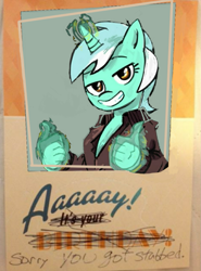 Size: 871x1175 | Tagged: safe, artist:herny, artist:twinet, edit, imported from derpibooru, lyra heartstrings, clothes, female, fonzie, greeting card, grin, hand, happy days, jacket, magic, magic hands, meme, ponified meme, reaction image, smiling, solo, speech bubble, thumbs up