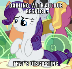 Size: 622x600 | Tagged: safe, edit, edited screencap, editor:twi clown, imported from derpibooru, screencap, rarity, pony, unicorn, season 9, the last problem, spoiler:s09, caption, cropped, disgusted, female, image macro, mare, sitting, text, train