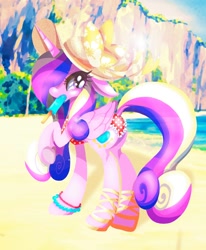 Size: 1156x1400 | Tagged: safe, artist:stacy_165cut, imported from derpibooru, princess cadance, alicorn, pony, beach, bikini, clothes, folded wings, food, hat, ice cream, ocean, popsicle, raised hoof, solo, suggestive eating, summer hat, swimsuit, water, wings