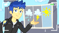 Size: 1280x720 | Tagged: safe, imported from derpibooru, screencap, flash sentry, best trends forever, equestria girls, equestria girls series, camera shot, clothes, cloud, jacket, lightning, looking at you, male, rain, solo, sun