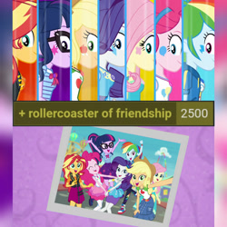 Size: 1920x1920 | Tagged: safe, edit, edited screencap, editor:itsmgh1203, imported from derpibooru, screencap, applejack, fluttershy, pinkie pie, rainbow dash, rarity, sci-twi, sunset shimmer, twilight sparkle, derpibooru, equestria girls, equestria girls series, rollercoaster of friendship, ^^, applejack's hat, belt, bowtie, bracelet, clothes, cowboy hat, cute, cutie mark, cutie mark on clothes, dashabetes, denim skirt, diapinkes, equestria land, eyes closed, female, geode of empathy, geode of fauna, geode of shielding, geode of sugar bombs, geode of super speed, geode of super strength, geode of telekinesis, glasses, hairpin, hat, hoodie, humane five, humane seven, humane six, jackabetes, jacket, jewelry, jumping, leather, leather jacket, magical geodes, meta, necklace, open mouth, photo booth (song), ponytail, raribetes, rarity peplum dress, selfie, shimmerbetes, shoes, shyabetes, side view, skirt, smiling, sneakers, tags, tanktop, transformation, twiabetes