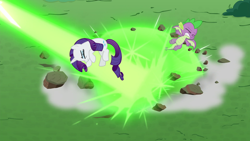 Size: 1920x1080 | Tagged: safe, imported from derpibooru, screencap, rarity, spike, dragon, pony, unicorn, season 9, the ending of the end, blast, eyes closed, female, implied queen chrysalis, magic, magic blast, male, mare, winged spike, wings