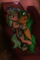 Size: 2322x3426 | Tagged: safe, artist:askavrobishop, imported from derpibooru, oc, oc:atom smasher, oc:candy chip, pegasus, unicorn, couch, cuddling, cybernetic legs, female, goggles, high res, lesbian, sleeping, sunjackers, wings