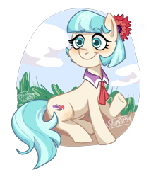 Size: 1200x1400 | Tagged: safe, artist:kikimi34454, imported from derpibooru, coco pommel, earth pony, pony, female, mare, signature, smiling, solo