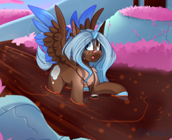 Size: 2711x2213 | Tagged: safe, artist:mediasmile666, imported from derpibooru, oc, oc only, alicorn, pony, alicorn oc, bandaid, bandaid on nose, colored hooves, curved horn, female, freckles, heterochromia, high res, horn, jewelry, mare, pendant, raised hoof, smiling, solo, spread wings, tongue out, two toned wings, wings