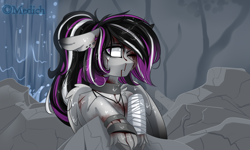 Size: 3000x1801 | Tagged: safe, artist:mediasmile666, imported from derpibooru, oc, oc only, pony, bandage, blood, female, floppy ears, mare, solo, waterfall