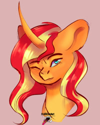 Size: 1420x1774 | Tagged: safe, artist:chicken-art-s, imported from derpibooru, sunset shimmer, pony, unicorn, bust, curved horn, female, horn, mare, one eye closed, pink background, portrait, signature, simple background, solo