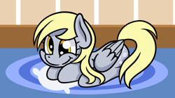 Size: 1920x1080 | Tagged: safe, artist:dinkyuniverse, imported from derpibooru, derpy hooves, pegasus, pony, atg 2021, carpet, cute, derp, derpabetes, female, lying down, mare, newbie artist training grounds, pillow, ponyloaf, prone, smiling, solo