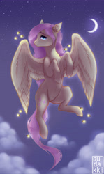 Size: 4440x7425 | Tagged: safe, artist:dikkaa, imported from derpibooru, fluttershy, firefly (insect), insect, pegasus, pony, absurd resolution, crescent moon, cute, female, flying, mare, moon, night, night sky, shyabetes, sky, solo