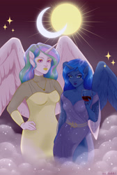 Size: 3600x5350 | Tagged: safe, artist:dikkaa, imported from derpibooru, princess celestia, princess luna, alicorn, anthro, absurd resolution, alcohol, clothes, crescent moon, dress, duo, duo female, female, glass, hand on hip, high res, human facial structure, large wings, lipstick, mist, moon, royal sisters, siblings, sisters, sun, wine, wine glass, wings