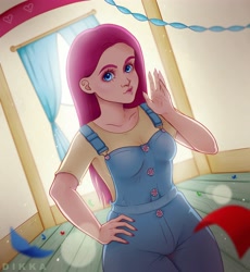 Size: 4600x5000 | Tagged: safe, artist:dikkaa, imported from derpibooru, pinkie pie, human, absurd resolution, breasts, busty pinkie pie, clothes, female, hand on hip, humanized, looking at you, overalls, pinkamena diane pie, solo