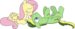 Size: 1280x496 | Tagged: safe, artist:didgereethebrony, artist:rerorir, imported from derpibooru, fluttershy, oc, oc:didgeree, pegasus, pony, base used, blushing, canon x oc, cutie mark, female, flutterdidge, kissing, male, shipping, simple background, straight, trace, transparent background