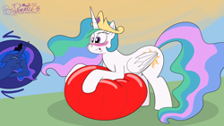 Size: 5000x2813 | Tagged: safe, artist:rupertbluefox, imported from derpibooru, princess celestia, princess luna, alicorn, pony, ball, blushing, crown, embarrassed, ethereal mane, ethereal tail, exercise ball, facehoof, female, fetish, inflatable, inflatable fetish, jewelry, mare, missing accessory, regalia, royal sisters, siblings, sisters, squishy, tail
