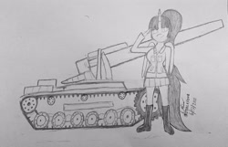 Size: 4032x2594 | Tagged: safe, artist:steelepone, imported from derpibooru, tank, oc, oc only, oc:spring beauty, alicorn, anthro, chi ha tan, chi-ha lg, clothes, fanart, girls und panzer, salute, sketch, solo, tank (vehicle), traditional art, uniform