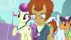 Size: 1920x1080 | Tagged: safe, imported from derpibooru, screencap, annoyed delegate, dr. steve brule, fleur de verre, free throw, crystal pony, earth pony, pony, princess spike (episode), season 5, cirrus slate, female, male, mare, stallion