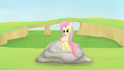 Size: 3840x2160 | Tagged: safe, artist:astralr, imported from derpibooru, fluttershy, pegasus, pony, cup, cute, daaaaaaaaaaaw, female, grass, high res, mare, outdoors, rock, shyabetes, sitting, sky, solo