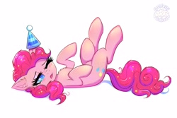 Size: 4096x2731 | Tagged: safe, artist:confetticakez, imported from derpibooru, pinkie pie, earth pony, pony, atg 2021, blushing, chest fluff, ear fluff, hat, leg fluff, lying, lying down, newbie artist training grounds, on back, one eye closed, party hat, simple background, solo, white background