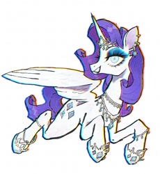 Size: 1154x1252 | Tagged: safe, artist:_night_milk_, imported from derpibooru, rarity, alicorn, pony, alicornified, ear piercing, earring, flying, jewelry, piercing, race swap, raricorn, smiling, solo, spread wings, wings