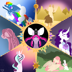 Size: 1500x1500 | Tagged: safe, artist:xaneyraccoon, imported from derpibooru, angel bunny, applejack, fluttershy, pinkie pie, rainbow dash, rarity, starlight glimmer, twilight sparkle, alicorn, earth pony, pegasus, pony, unicorn, female, mane six, mare, pinkamena diane pie, twilight sparkle (alicorn)