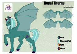 Size: 4961x3508 | Tagged: safe, artist:oneiria-fylakas, imported from derpibooru, oc, oc only, oc:royal thorns, bat pony, pony, male, reference sheet, solo, stallion