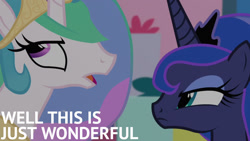 Size: 1280x720 | Tagged: safe, edit, edited screencap, editor:quoterific, imported from derpibooru, screencap, princess celestia, princess luna, alicorn, pony, season 5, slice of life (episode), crown, female, jewelry, luna is not amused, mare, open mouth, regalia, unamused