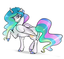 Size: 4300x4000 | Tagged: safe, artist:mylittlegodzilla, imported from derpibooru, princess celestia, alicorn, pony, cheek fluff, curved horn, female, horn, leg fluff, looking back, mare, missing accessory, raised hoof, simple background, solo, white background