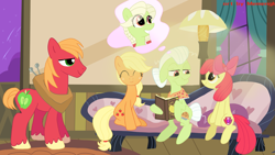 Size: 2957x1662 | Tagged: safe, artist:memengla, imported from derpibooru, apple bloom, applejack, big macintosh, granny smith, earth pony, pony, apple family, horse collar, missing freckles, thought bubble, young granny smith, younger