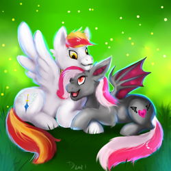 Size: 3000x3000 | Tagged: safe, artist:tehtigress, imported from derpibooru, oc, oc:miabat, oc:shining sky, bat pony, pegasus, pony, bat pony oc, bat wings, couple, grass, grass field, high res, hug, pegasus oc, wings