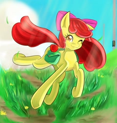 Size: 2250x2350 | Tagged: safe, artist:uguisunokoe1919, imported from derpibooru, apple bloom, earth pony, pony, bag, female, filly, high res, looking at you, one eye closed, saddle bag, smiling, solo, wink, winking at you