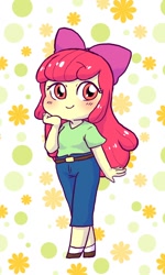 Size: 614x1024 | Tagged: safe, artist:umameuma, imported from derpibooru, apple bloom, equestria girls, adorabloom, belt, blushing, bow, chibi, clothes, cute, female, hair bow, jeans, looking at you, pants, shirt, smiling, solo, t-shirt, weapons-grade cute