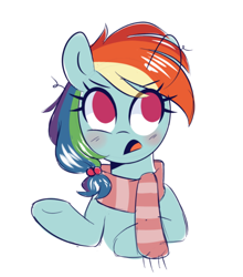 Size: 684x778 | Tagged: safe, artist:darkynez, imported from derpibooru, rainbow dash, pegasus, pony, alternate hairstyle, blushing, bust, clothes, cute, dashabetes, hair tie, messy mane, no catchlights, no pupils, open mouth, scarf, simple background, solo, white background