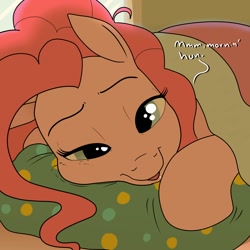 Size: 1200x1200 | Tagged: safe, artist:pony quarantine, imported from derpibooru, pinkie pie, earth pony, pony, blanket, dialogue, female, lidded eyes, looking at you, mare, morning ponies, pillow, ponk, solo, talking to viewer