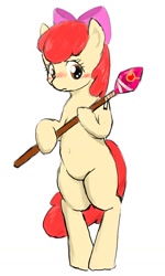 Size: 945x1577 | Tagged: safe, artist:seidouryu, imported from derpibooru, apple bloom, earth pony, pony, belly button, bipedal, blushing, female, filly, scepter, simple background, solo, white background