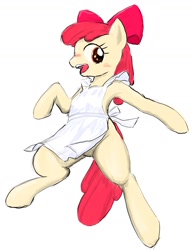 Size: 1202x1576 | Tagged: safe, artist:seidouryu, imported from derpibooru, apple bloom, earth pony, pony, apron, bipedal, blushing, clothes, female, filly, naked apron, open mouth, simple background, solo, white background