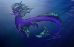 Size: 1208x766 | Tagged: safe, artist:lizzielove2407, imported from derpibooru, oc, oc only, merpony, crepuscular rays, dorsal fin, fins, fish tail, flowing mane, flowing tail, ocean, purple eyes, signature, smiling, solo, sunlight, swimming, tail, underwater, water