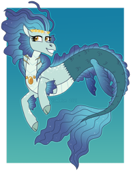 Size: 900x1170 | Tagged: safe, artist:tambelon, imported from derpibooru, oc, oc only, siren, blue background, dorsal fin, eyelashes, female, fins, fish tail, flowing mane, flowing tail, gem, not sonata dusk, pearl, simple background, smiling, solo, tail, yellow eyes