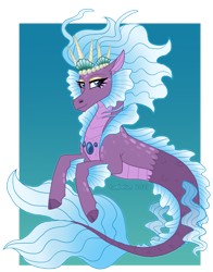 Size: 900x1147 | Tagged: safe, artist:tambelon, imported from derpibooru, oc, oc only, siren, blue background, blue eyes, blue mane, crown, dorsal fin, eyelashes, female, fins, fish tail, flowing mane, flowing tail, gem, jewelry, regalia, seashell, simple background, smiling, solo, tail