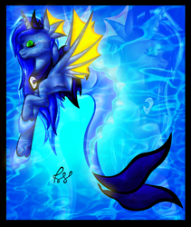 Size: 1828x2168 | Tagged: safe, artist:ksandraetvas, imported from derpibooru, princess luna, alicorn, hybrid, merpony, pony, seapony (g4), blue background, colored pupils, crown, dorsal fin, eyelashes, eyes closed, female, fin wings, fish tail, glow, glowing, hoof shoes, horn, jewelry, ocean, regalia, seapony luna, signature, simple background, solo, tail, underwater, water, wings