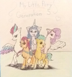 Size: 617x658 | Tagged: safe, artist:winterclaws22, imported from derpibooru, hitch trailblazer, izzy moonbow, pipp petals, sunny starscout, zipp storm, earth pony, pegasus, pony, unicorn, g5, mane five (g5), traditional art