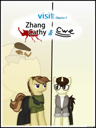 Size: 1750x2333 | Tagged: safe, artist:99999999000, imported from derpibooru, oc, oc only, oc:cwe, oc:zhang cathy, beetle, earth pony, insect, pony, rhinoceros beetle, unicorn, comic:visit, clothes, comic, glasses