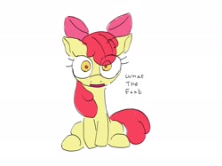 Size: 2048x1535 | Tagged: safe, artist:noupu, imported from derpibooru, apple bloom, earth pony, pony, censored, censored vulgarity, eye clipping through hair, female, filly, looking at you, open mouth, sitting, solo, wide eyes, wtf