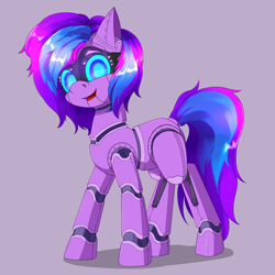 Size: 2500x2500 | Tagged: safe, artist:nihithebrony, imported from derpibooru, oc, oc:love letter, pony, robot, robot pony, blue eyes, colored pupils, female, glowing eyes, high res, looking at you, mare, original art, original character do not steal, purple, purple background, simple background, smiling, smiling at you, solo