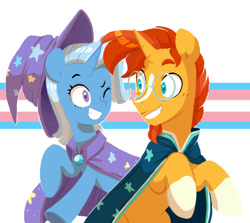 Size: 640x571 | Tagged: safe, artist:chub-wub, imported from derpibooru, sunburst, trixie, pony, unicorn, blaze (coat marking), coat markings, facial markings, female, grin, lgbt headcanon, male, mare, one eye closed, pride, pride flag, shipping, simple background, smiling, socks (coat markings), stallion, straight, trans female, trans trixie, transgender, transgender pride flag, trixburst, white background, wink