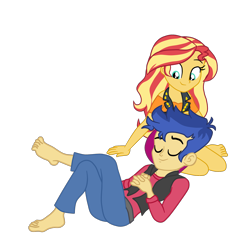 Size: 2260x2335 | Tagged: safe, artist:gmaplay, imported from derpibooru, flash sentry, sunset shimmer, equestria girls, barefoot, duo, feet, female, flashimmer, high res, male, shipping, simple background, solo, straight, transparent background