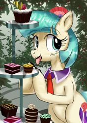 Size: 1024x1449 | Tagged: safe, artist:neoshrek, imported from derpibooru, coco pommel, earth pony, pony, bipedal, chocolate, cocobetes, cupcake, cute, female, food, licking, licking lips, messy eating, solo, tongue out