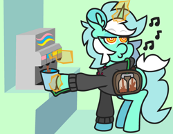 Size: 2331x1797 | Tagged: safe, artist:threetwotwo32232, imported from derpibooru, lyra heartstrings, pony, unicorn, clothes, female, hoodie, l.u.l.s., magic, magic aura, mare, soda, solo, stealing, whistling, x-ray