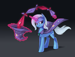 Size: 2900x2211 | Tagged: safe, artist:anonymous, artist:ponykillerx, edit, editor:edits of hate, imported from derpibooru, imported from ponybooru, trixie, pony, unicorn, black background, brooch, cape, clothes, confident, female, glowing horn, gradient background, hat, high res, horn, jewelry, lidded eyes, looking at you, magic, magic aura, magic trick, mare, redraw, simple background, smiling, smiling at you, solo, telekinesis, trixie's brooch, trixie's cape, trixie's hat, unofficial edits thread